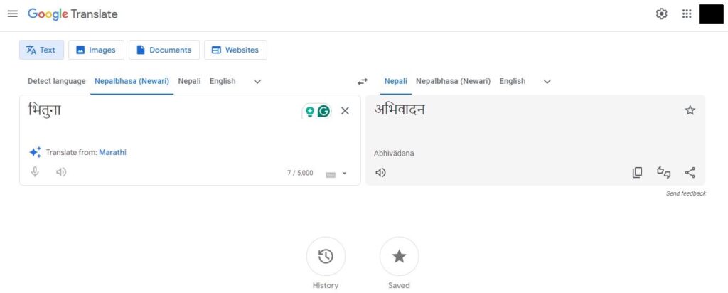 Newari language translation on Google translate