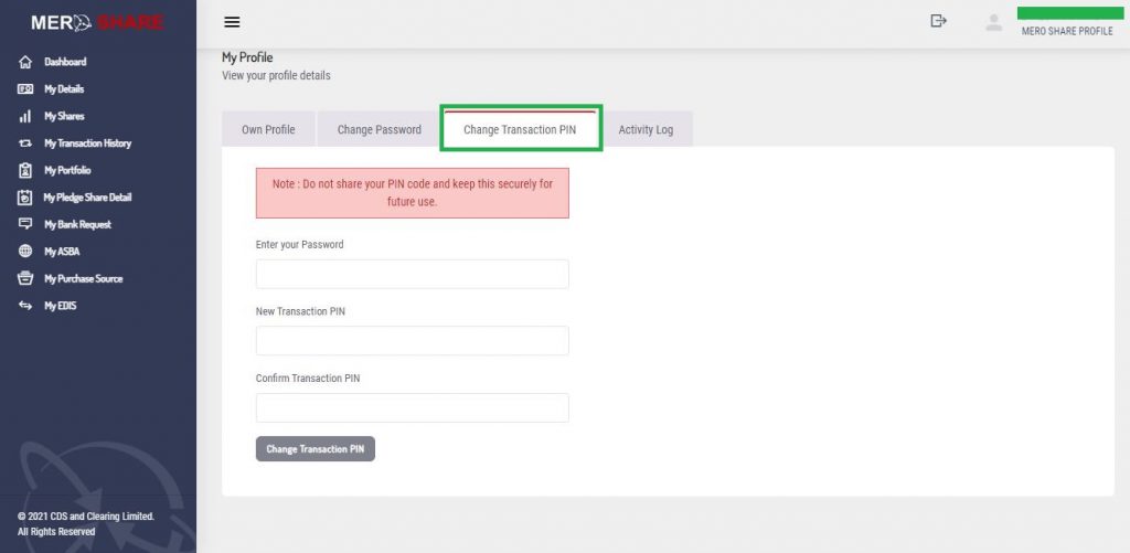 Change Meroshare transaction PIN