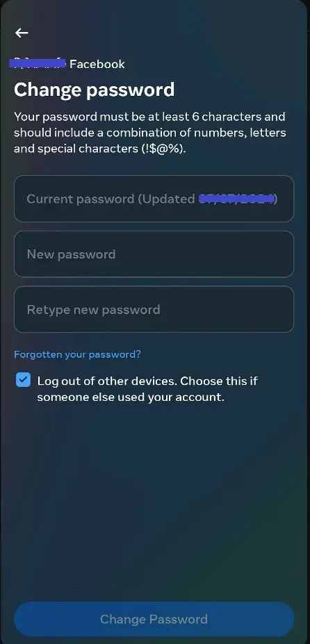 Steps to Change Facebook password on Android