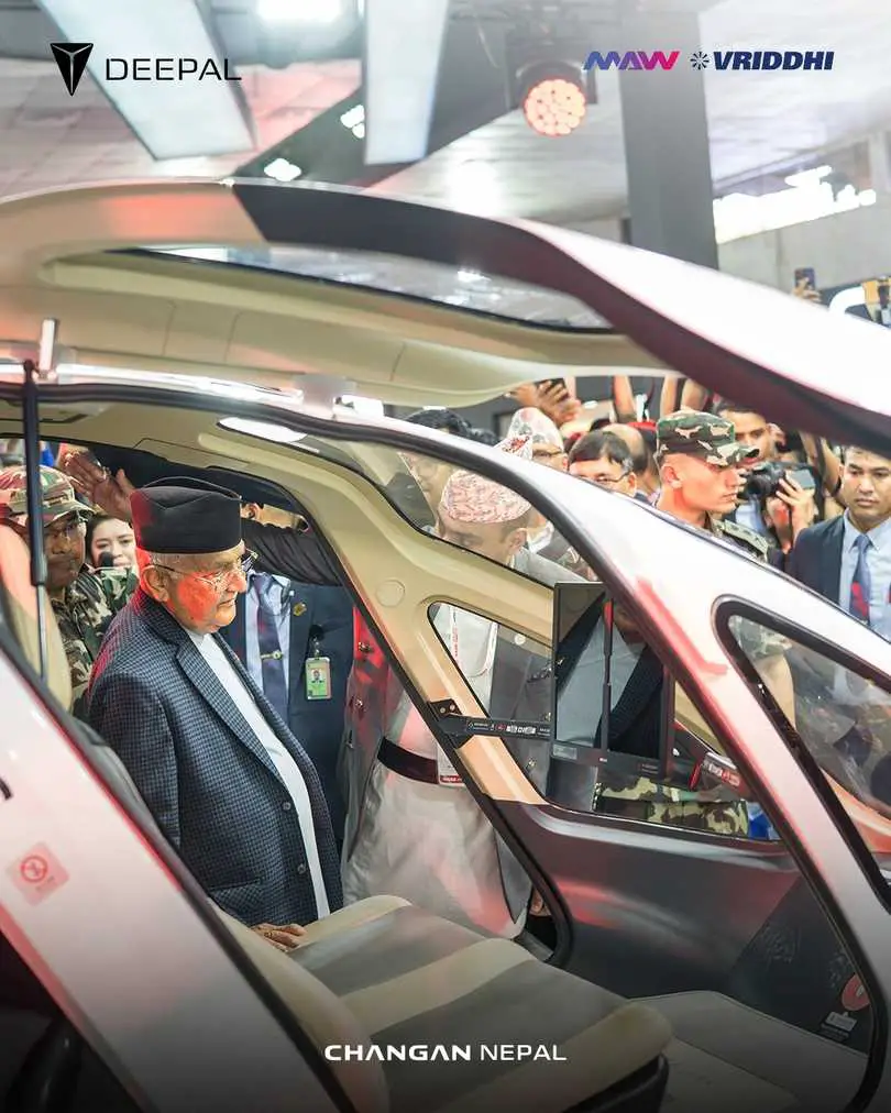 PM KP Oli unveils Deepal EVTOL Flying Taxi at NADA Auto Show 2025